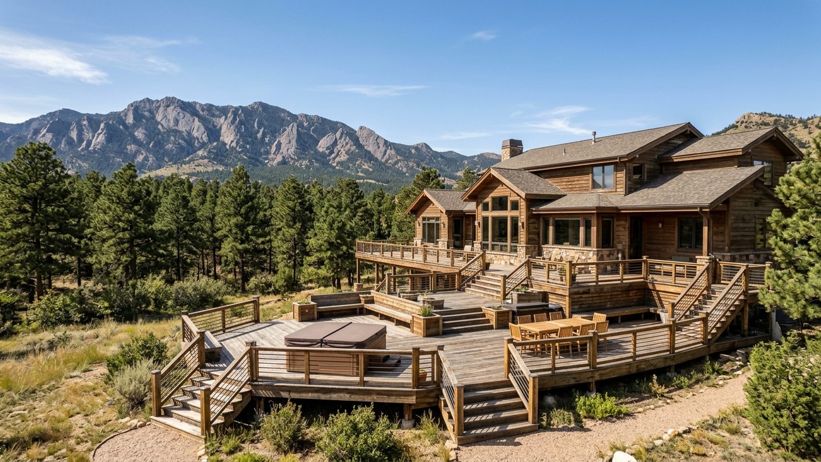 A custom multi-level deck with a Front Range mountain view near Colorado Springs, Colorado