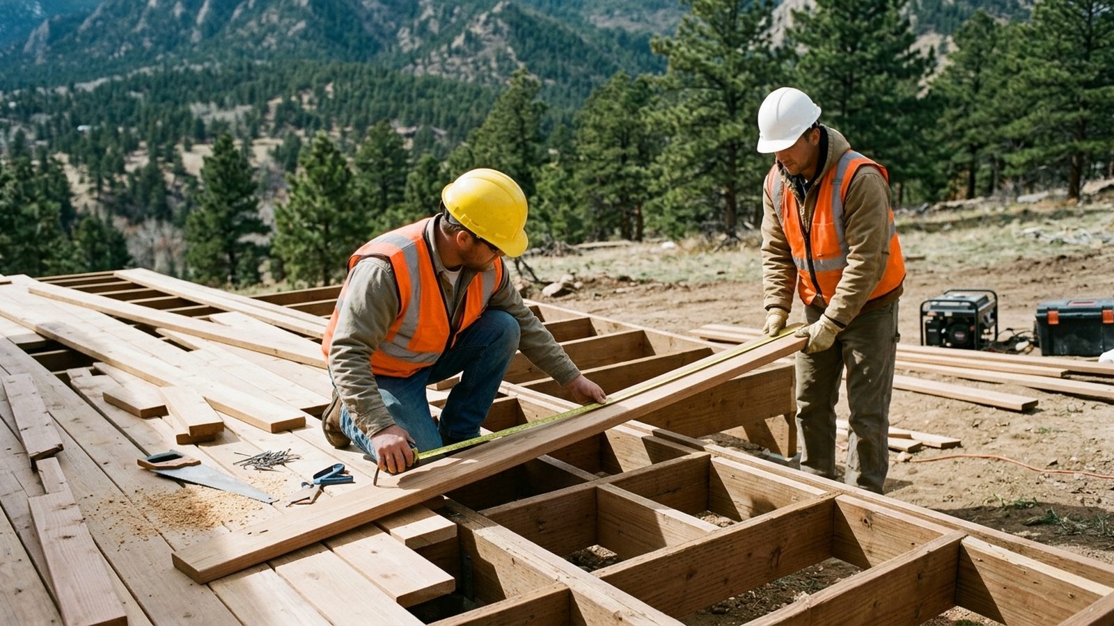 Deck construction workers measuring and installing boards, in the same style a local Colorado Springs crew would use
