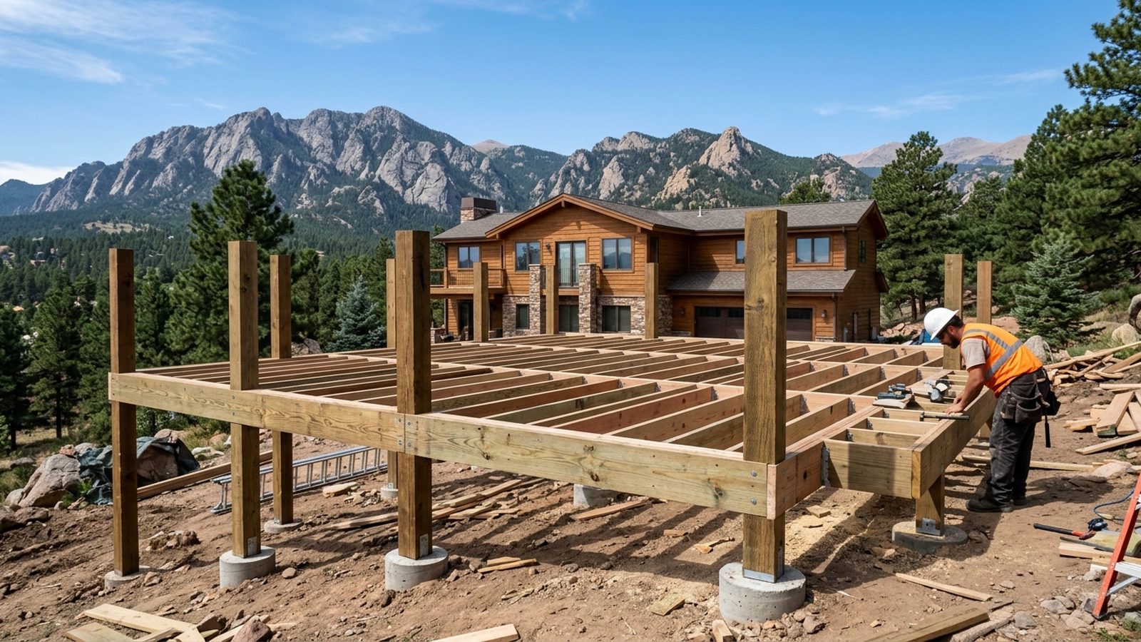 A deck under construction at the framing and footing stage, the point at which a PPRBD permit inspection applies