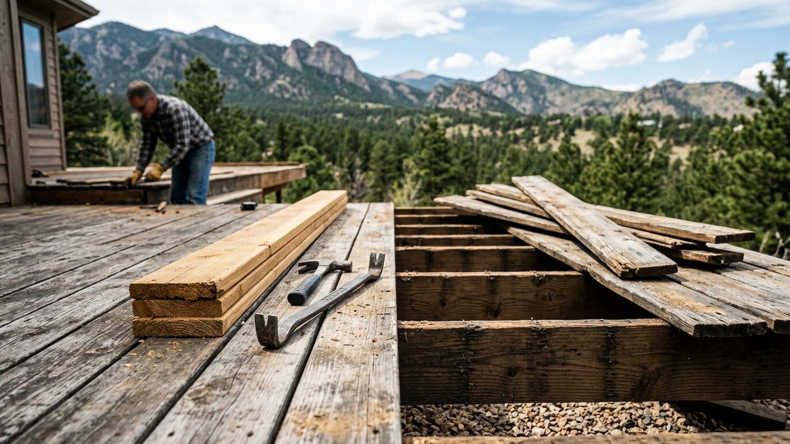 A weathered deck mid-repair, with boards removed for replacement