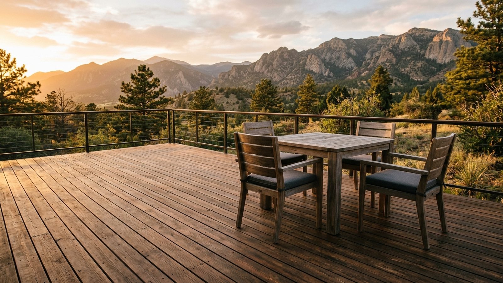 A finished deck with a mountain view at golden hour