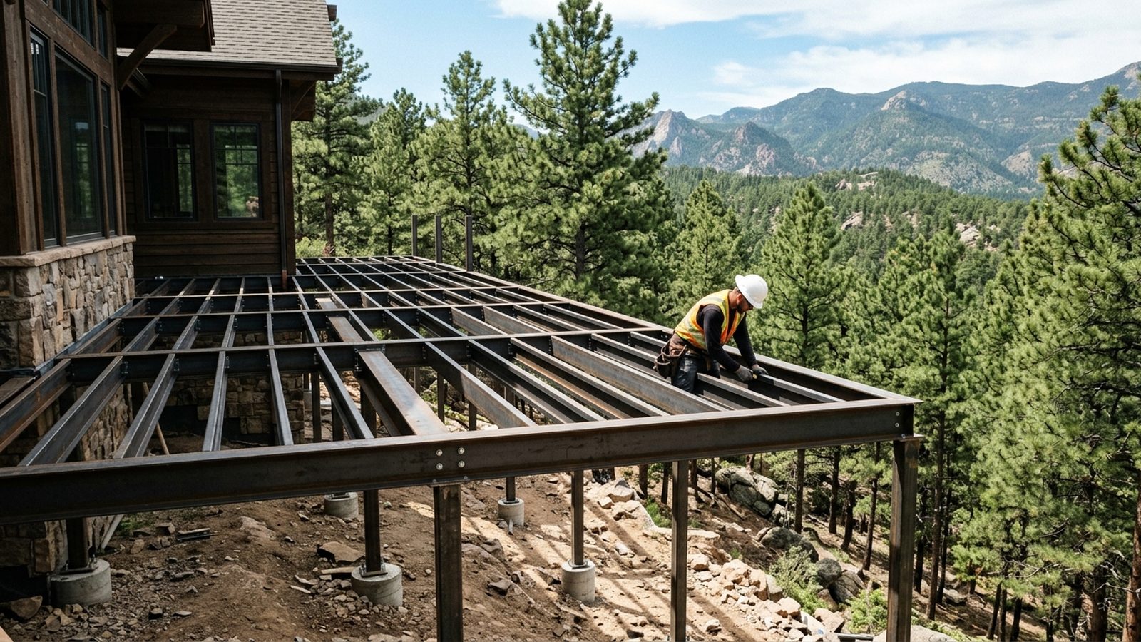 A steel-frame deck substructure, the style of fire-resistant construction used in wildland-urban-interface zones